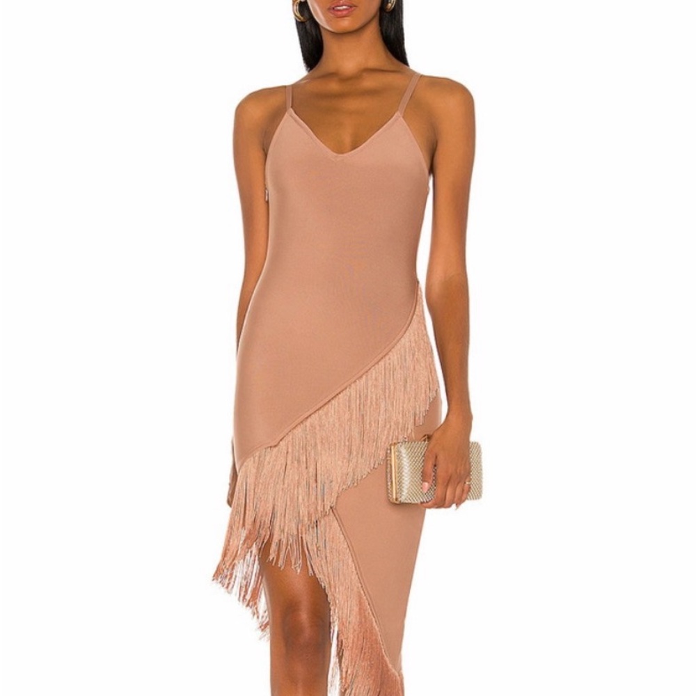 Elliatt Asymmetrical Tan Fringe Dress